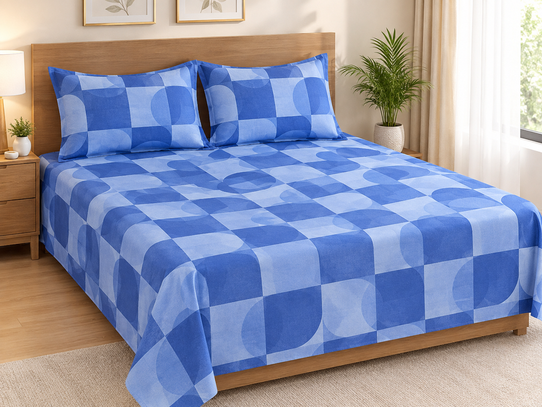 Blue and light blue checkered cotton bedsheet with matching pillowcases