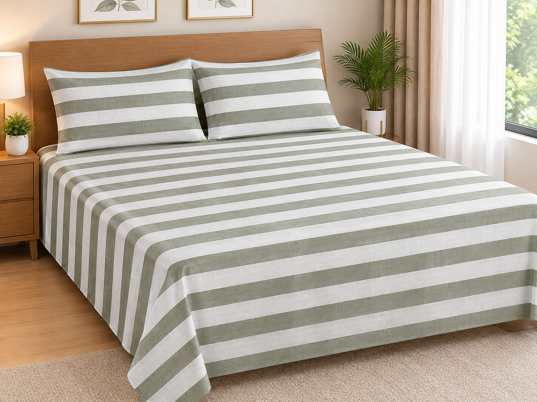 Sage green and off-white striped cotton bedsheet with matching pillowcases