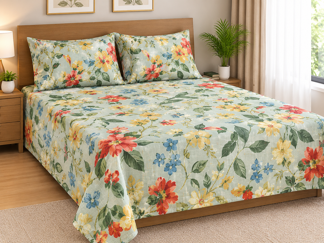 Light blue floral cotton bedding set with matching pillowcases