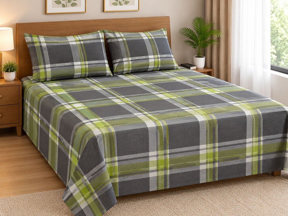 Gray green and white plaid cotton bedding set in a bedroom