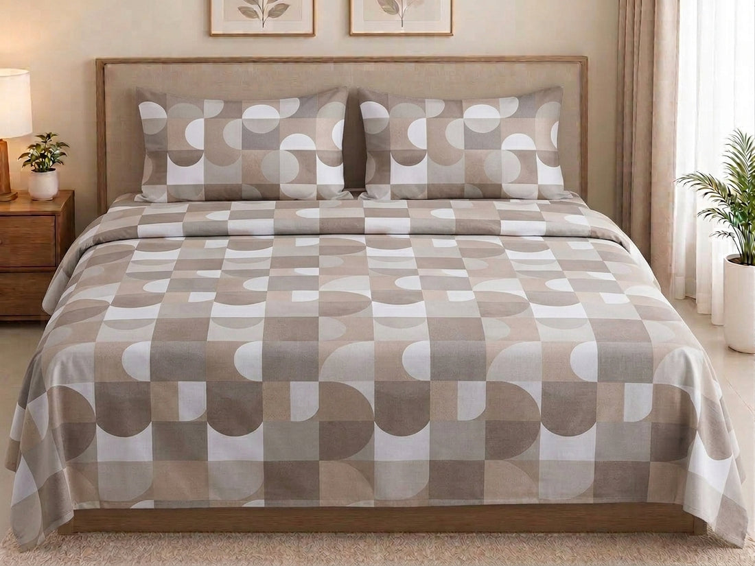 Taupe beige and white geometric cotton bedding set with two pillowcases