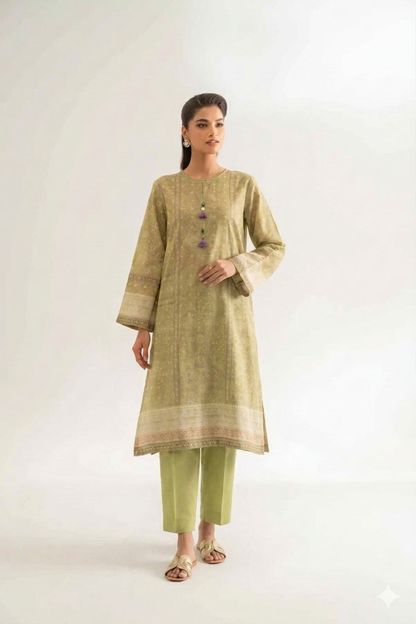 Olive Green Printed Lawn Suit with Gold Embroidery
