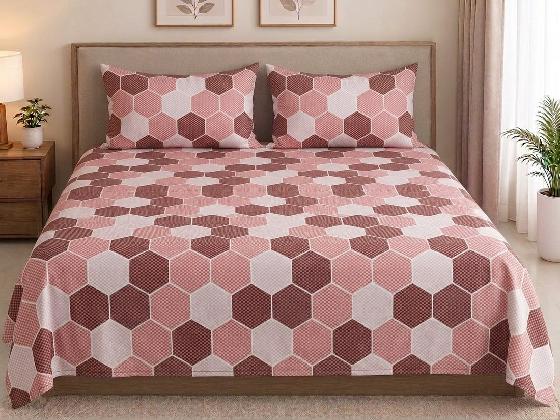 Double size cotton bedsheet with two pillowcases in a styled bedroom