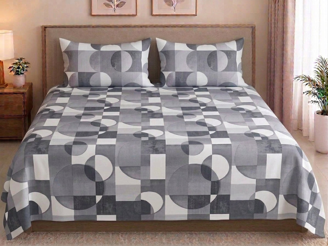 Gray white and black geometric cotton bedding set with two pillowcases