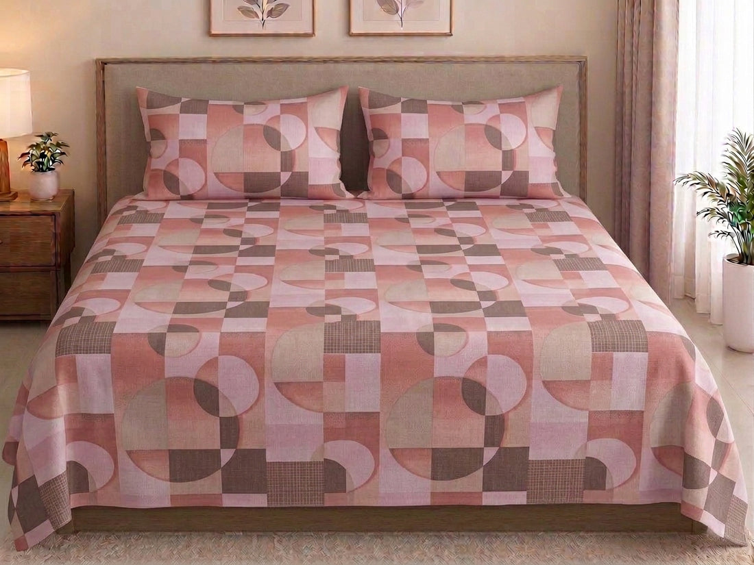 Pink beige and brown geometric cotton bedding set with two pillowcases