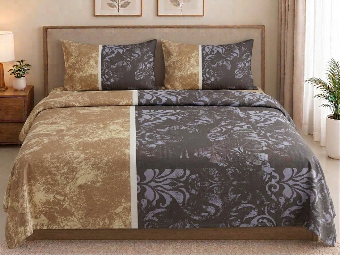 Tan and dark gray damask cotton bedding set with two pillowcases