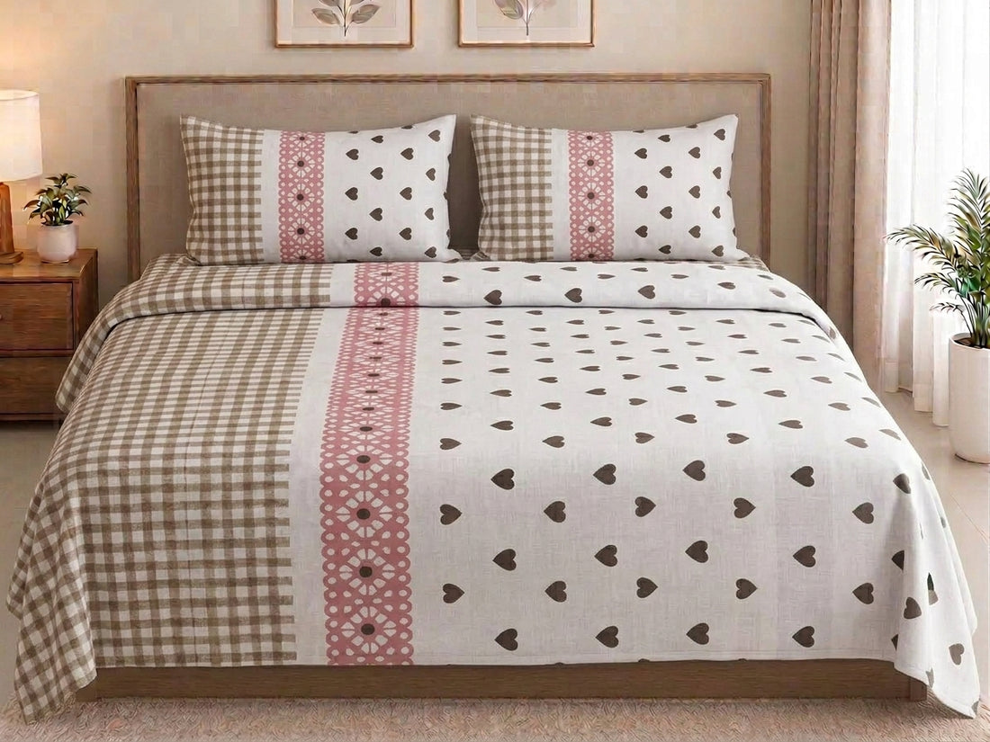 White quilted cotton bedding set with brown heart prints and two pillowcases