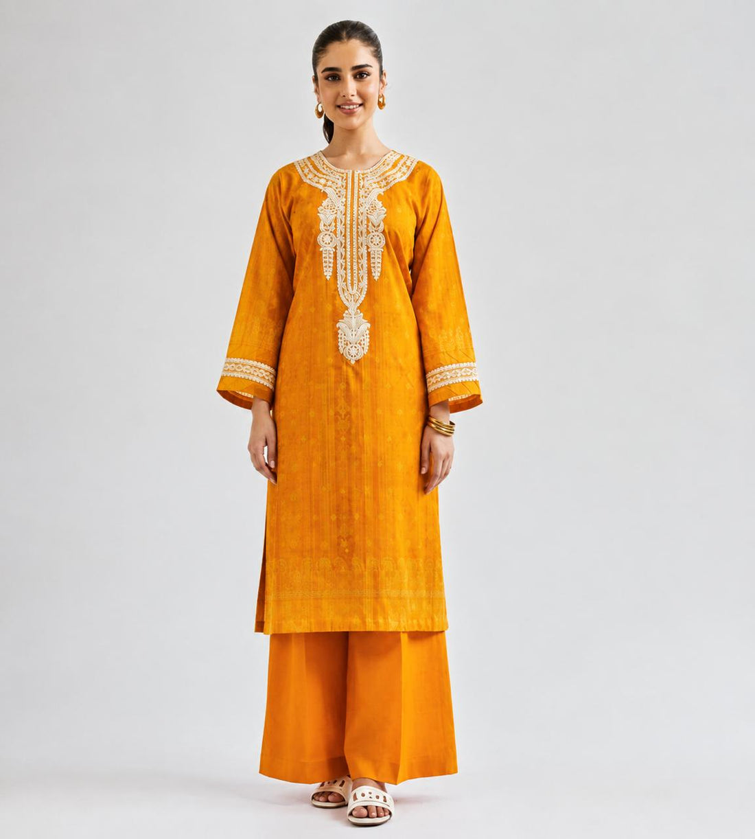 Bright Orange Yellow Embroidered Lawn Suit with White Details