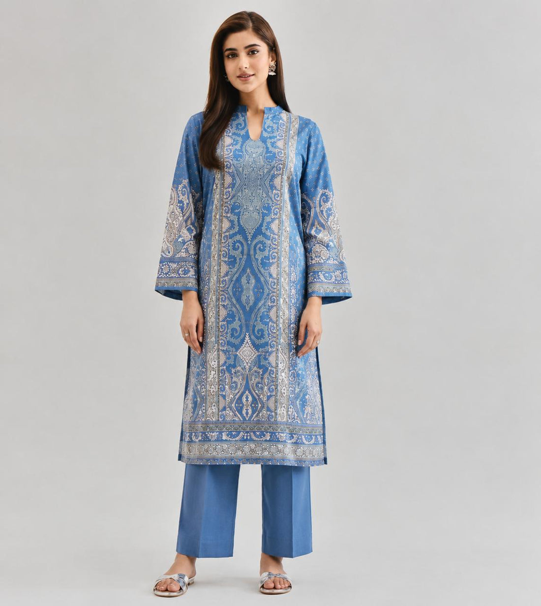 Blue Printed Lawn Suit with Silver and White Embroidery