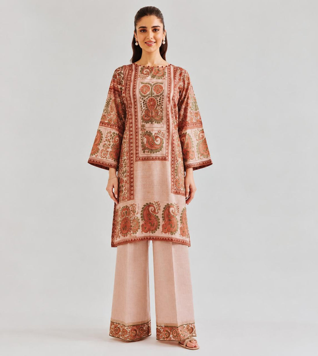 Light Pink 2 Piece Printed Suit with Rust Orange and Green Embroidery