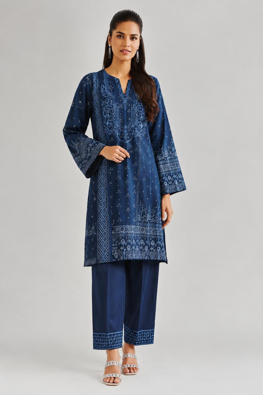Navy Blue Embroidered 2 Piece Suit with White and Light Blue Patterns