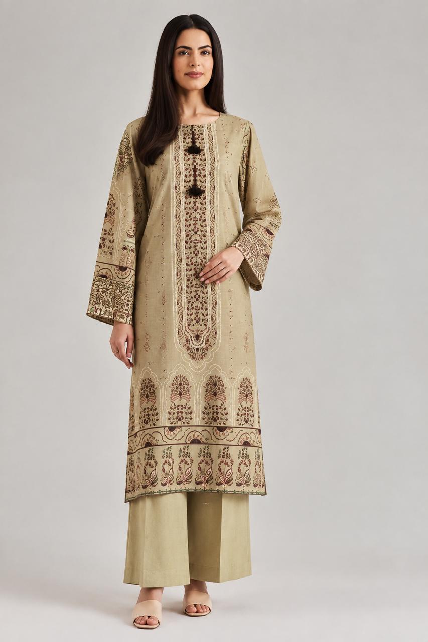 Beige and Brown Embroidered 2 Piece Suit with Wide Leg Trousers
