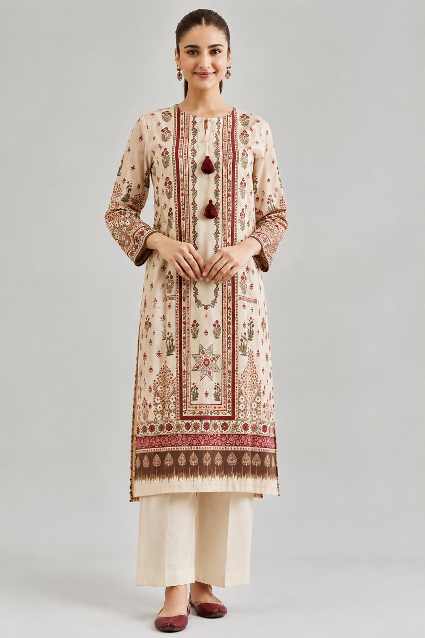 Beige Embroidered Printed Suit with Red and Brown Details