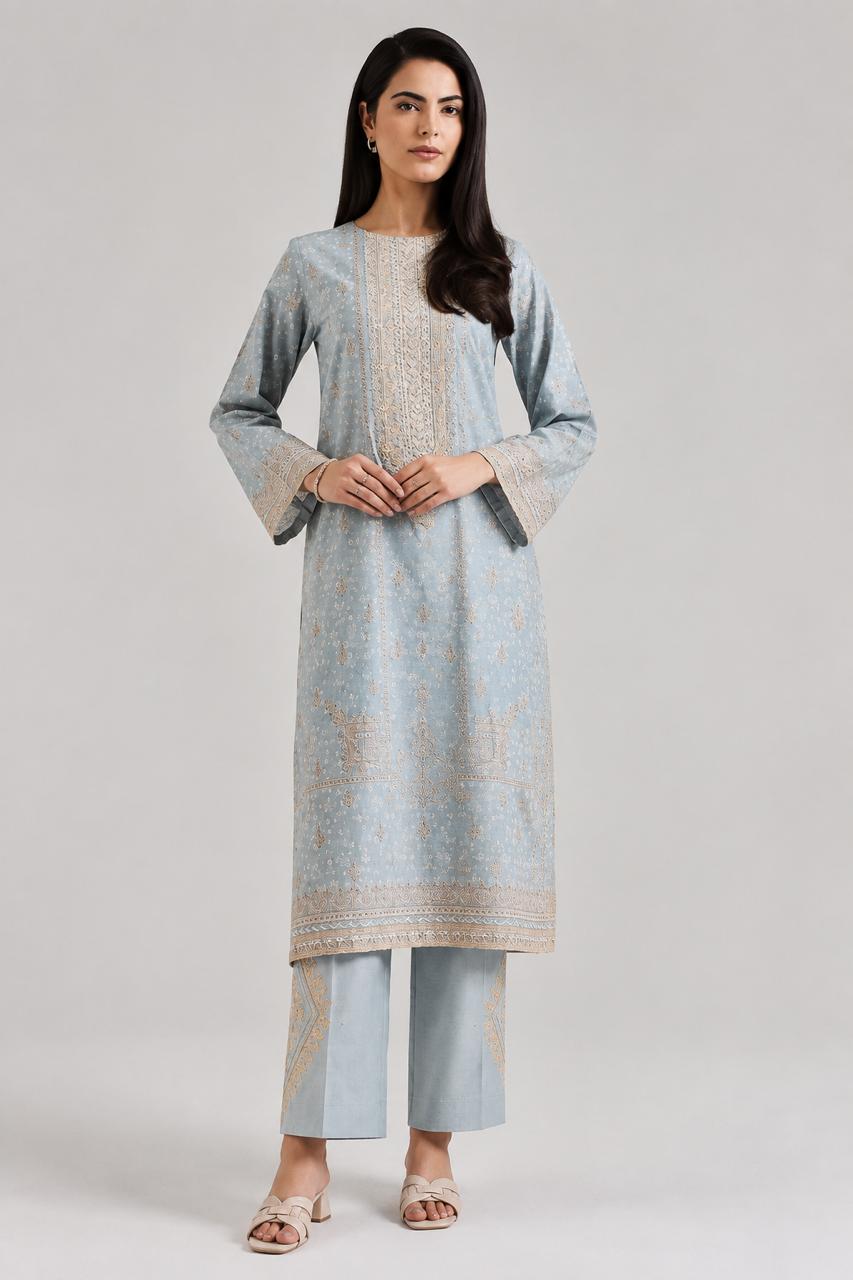 Light Blue Tie and Dye Suit with Beige Embroidery