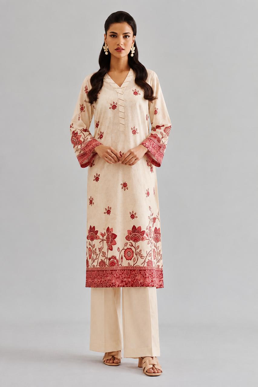 2 piece digital printed suit with cream shirt and red floral design