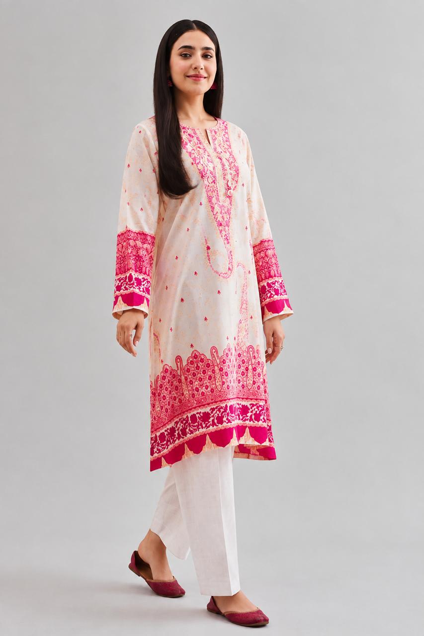 2 piece embroidered suit with cream kurta, pink and gold embroidery and white trousers