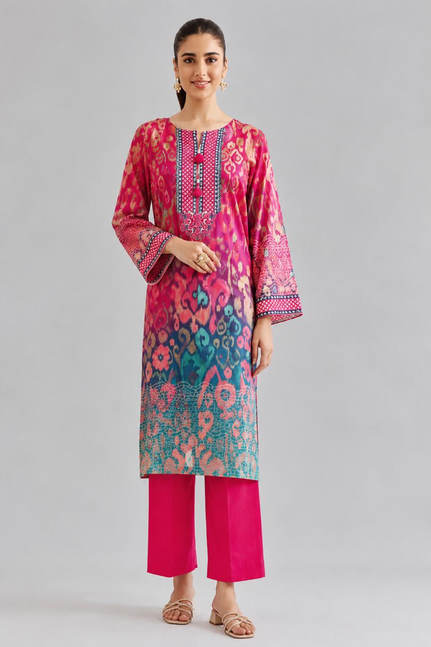 2 Piece Digital Printed Embroidered Suit in Pink and Teal