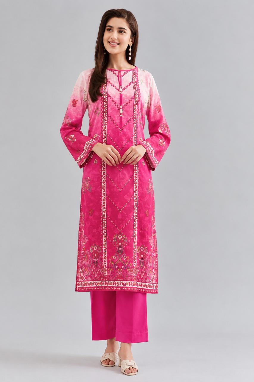 2 Piece Digital Printed Suit in pink with embroidered design