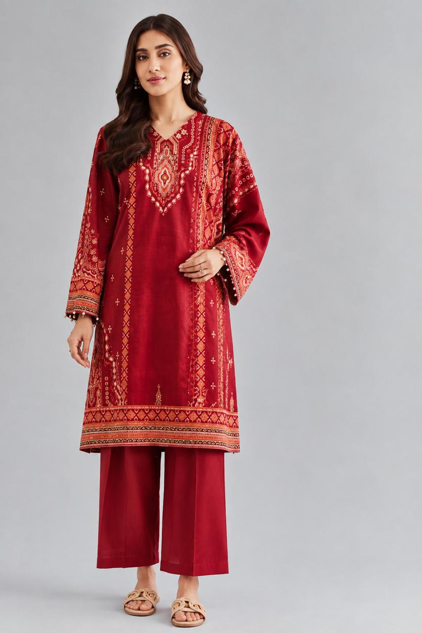 2 Piece Digital Printed Suit in red with embroidered design