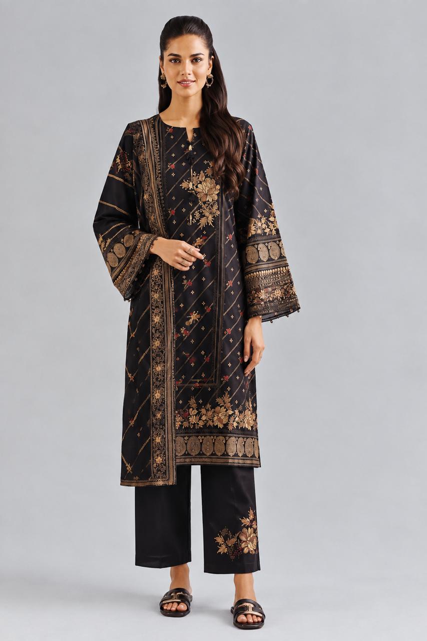 Black Digital Printed Embroidered Suit with Gold Floral Embroidery