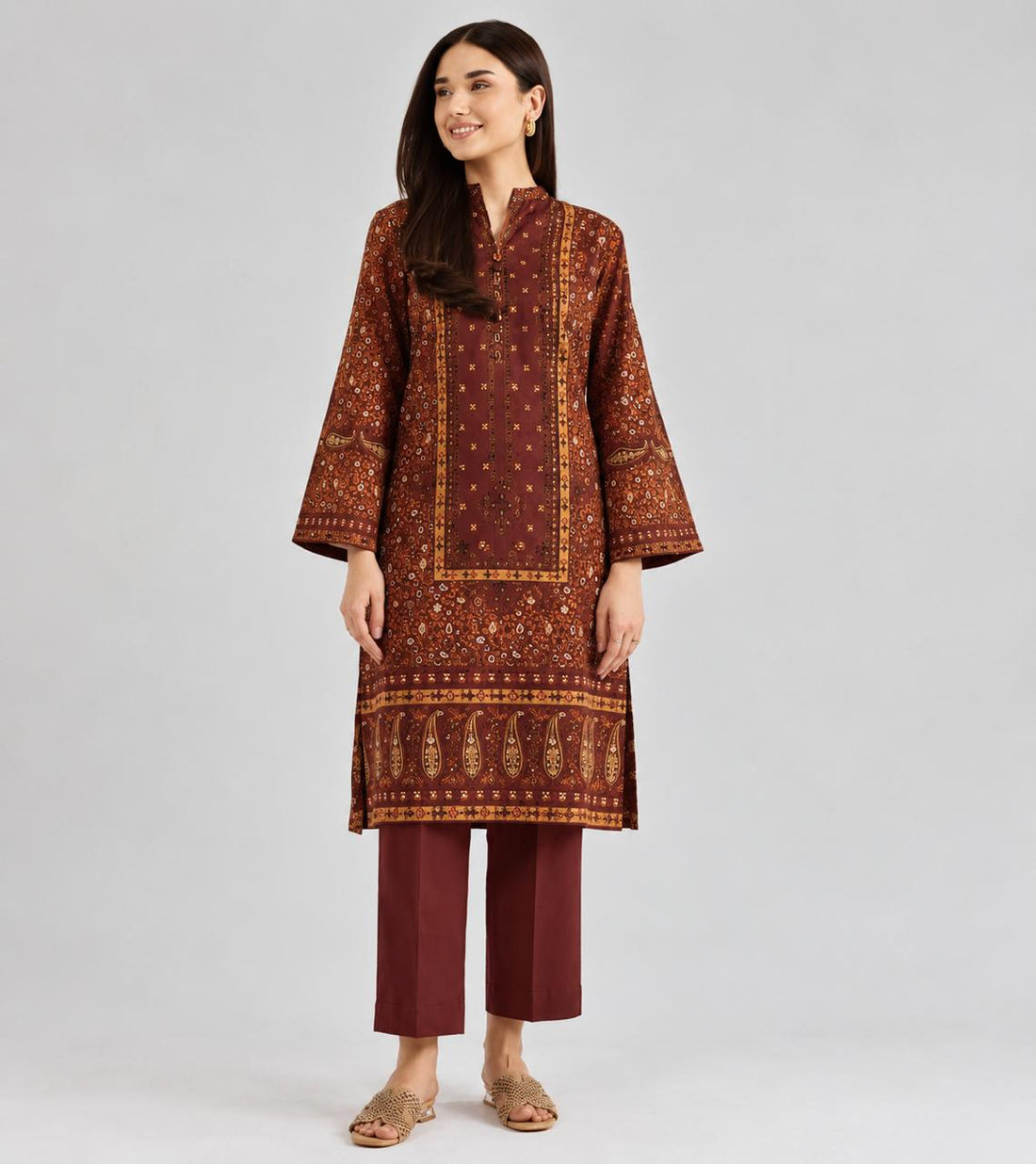 2 Piece Printed Suit in Rust Brown and Maroon
