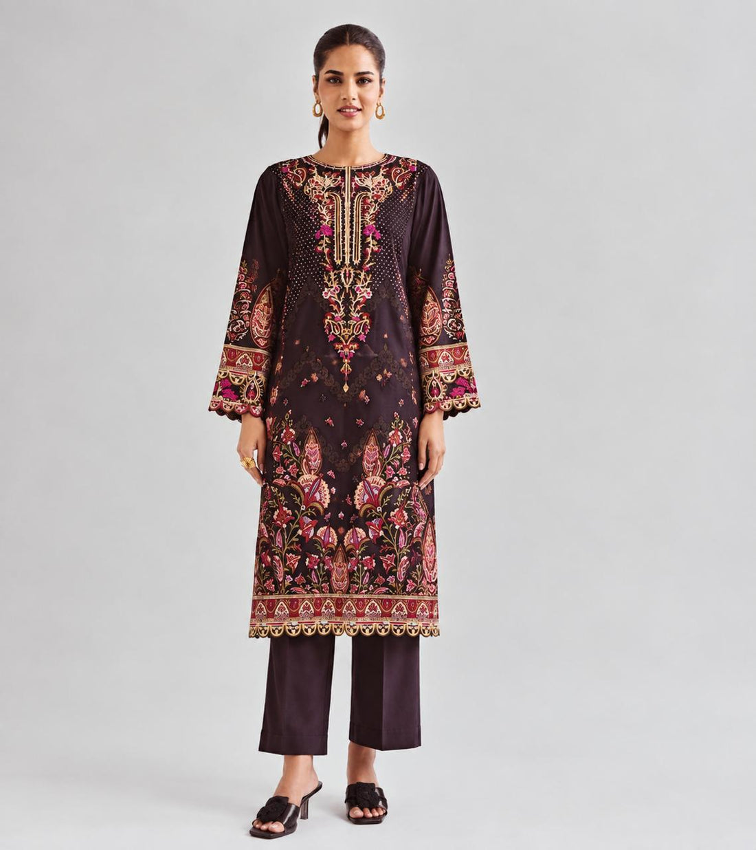 Dark Brown Embroidered 2 Piece Suit with Red Pink and Gold Floral Design